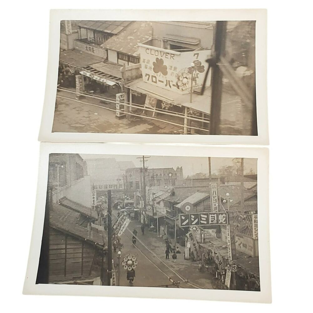 Vtg Monochromatic Asian Market Street Clover Store Lot of 2 B&W Photos 3 x 4.75"